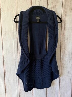 Pure Handknit Navy Open-Front Cable Knit Vest